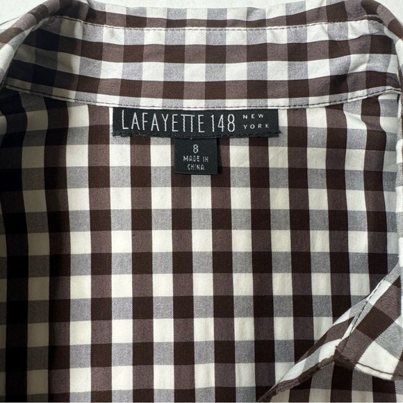 Lafayette 148 Brown Gingham Plaid Cropped Tie Front Shirt Top Size: 8 - Picture 7 of 14